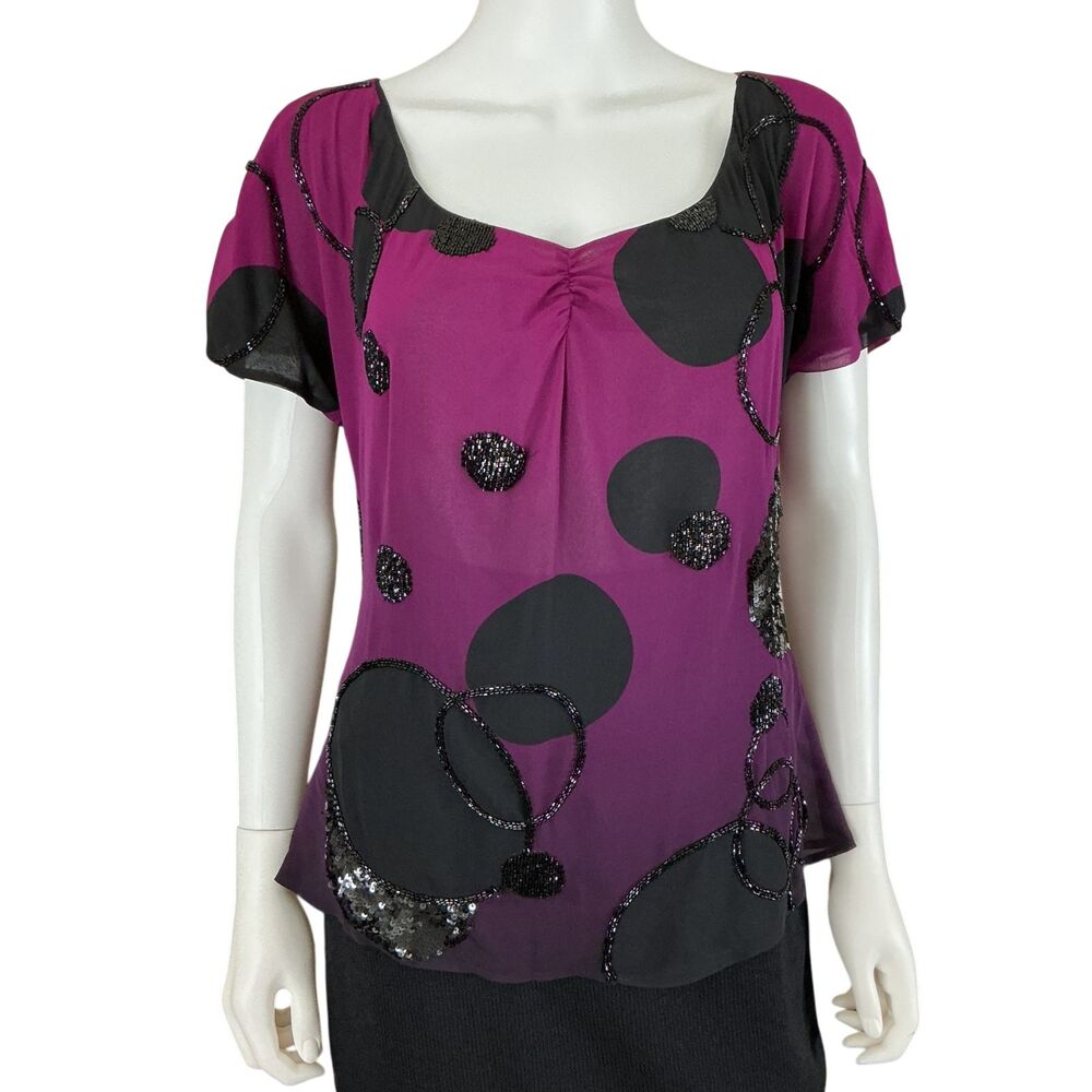 ST JOHN Couture 100% Silk Beaded Sequined Blouse Top Size 8 Ombre Magenta /Black